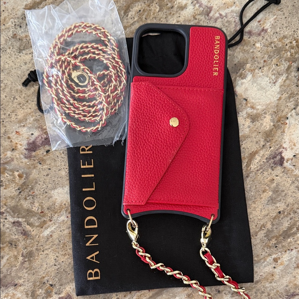 Bandolier ‘Lily’ Red Leather Phone case with Gold Chain & Wristlet - 15 Pro Max